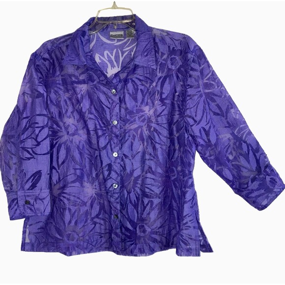 CHICO’S sz L sz 2 Purple Burnt-Out 3/4 Roll Tab Sleeve Relaxed Fit Blouse MOP - Picture 1 of 5